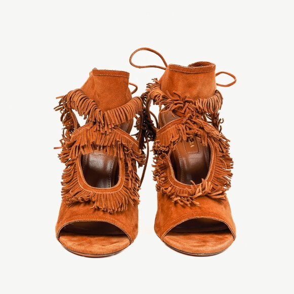 Aquazurra Brown Suede Sexy Fringe Heeled Sandals - Picture 2 of 9